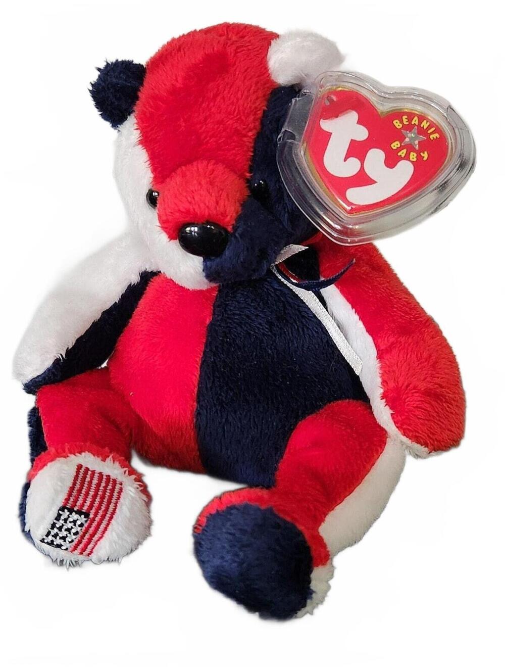 Vintage Ty Beanie Baby “Patriot” USA Bear with American flag on foot 6"